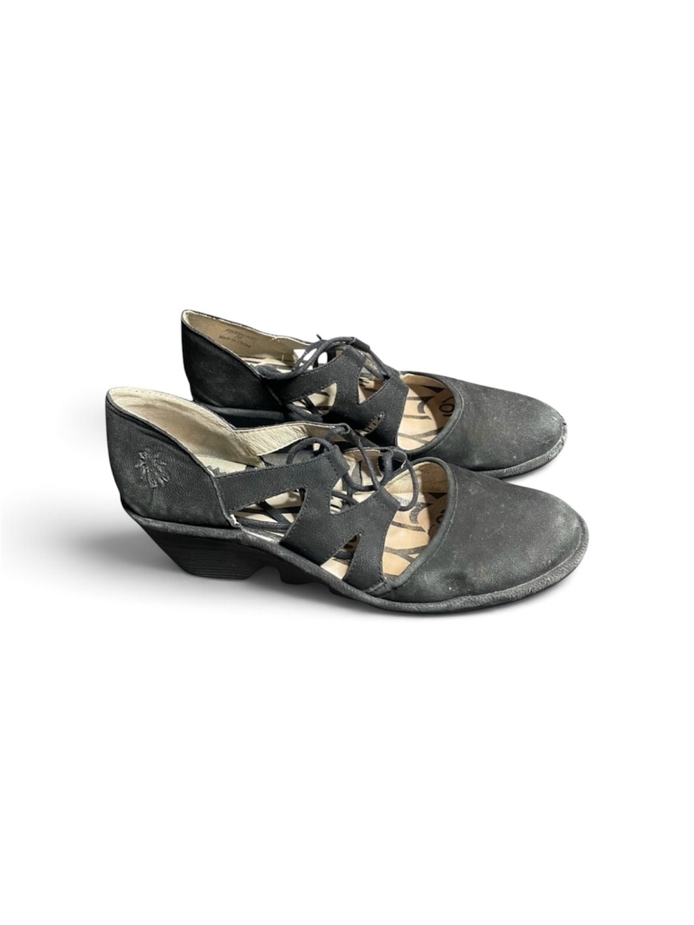 Fly London Poma Black Lace‑Up Wedge Sandals EU 39 (US ~8.5–9)